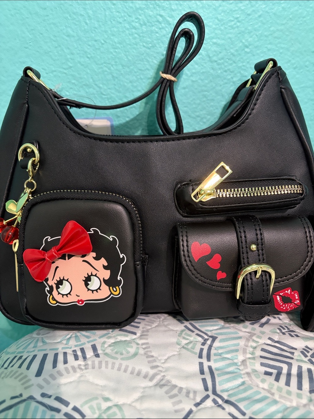Betty Boop 3D Bow Hearts Shoulder Bag W/Bag Charm, Wallet & Tote 3 Piece Set NWT